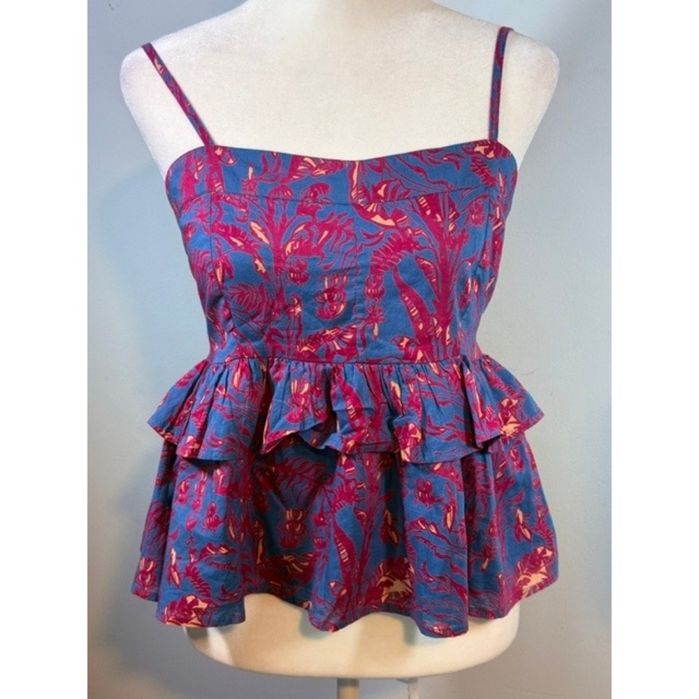 Olivia by Livro NWT Libba Top S Banana Leaf Print Peplum Cotton Voile Blue